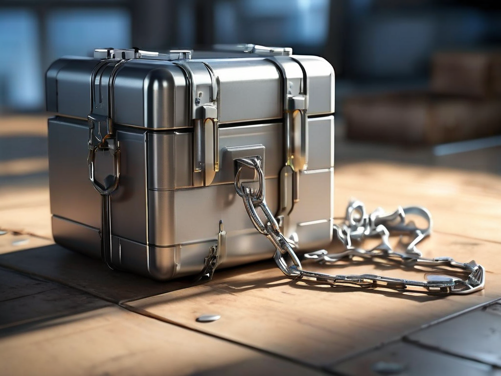 A brushed metal case with a short chain, beside small blocks representing file locations on a sunlit surface.