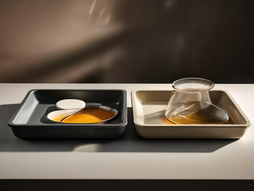 Two clear acrylic storage trays side by side on a stone counter, one with a movable divider separating blank sections, soft.