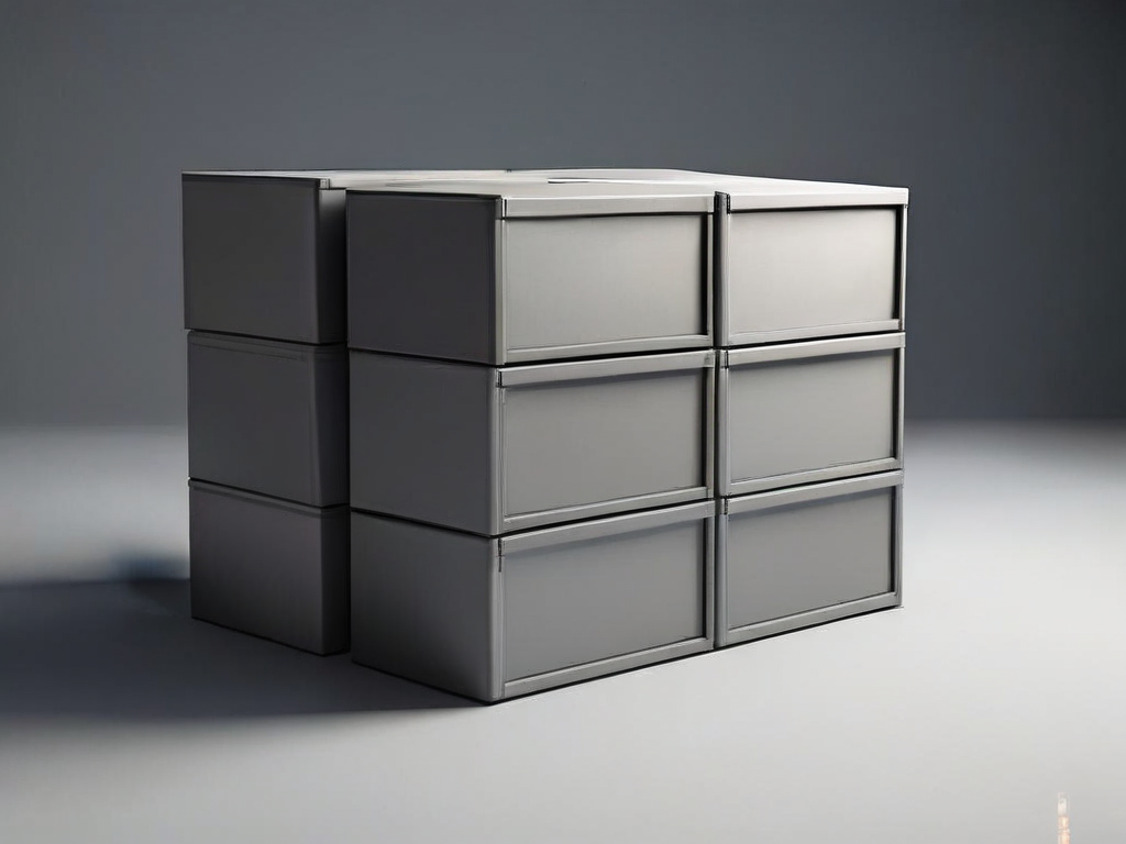 Stacked archive boxes with blank compartment inserts and a single open divider on a gray studio surface.