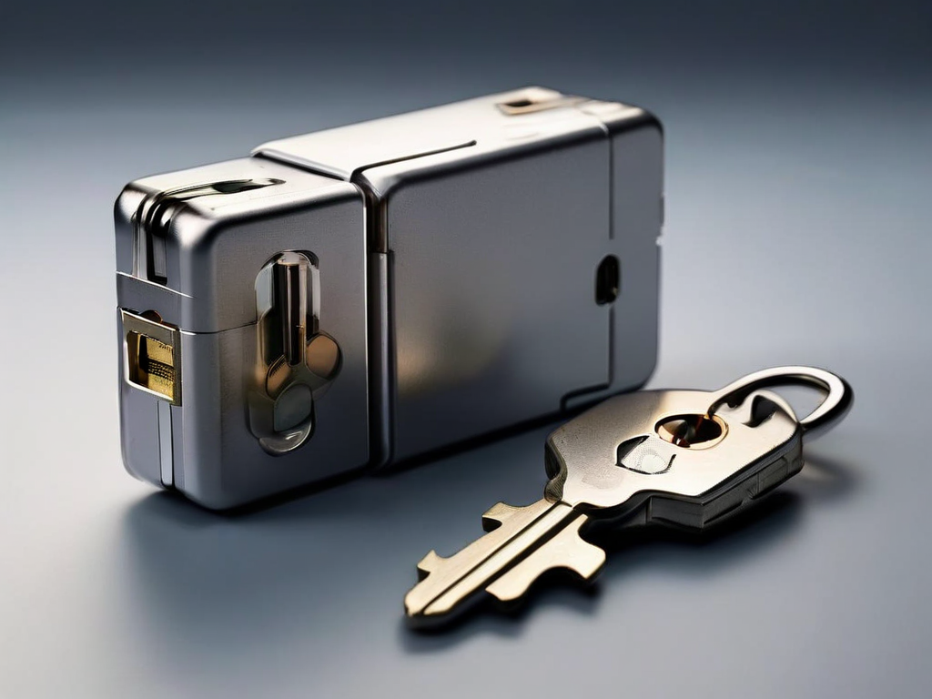 Metal lock, key case, and blank security card arranged for safe account access preparation.