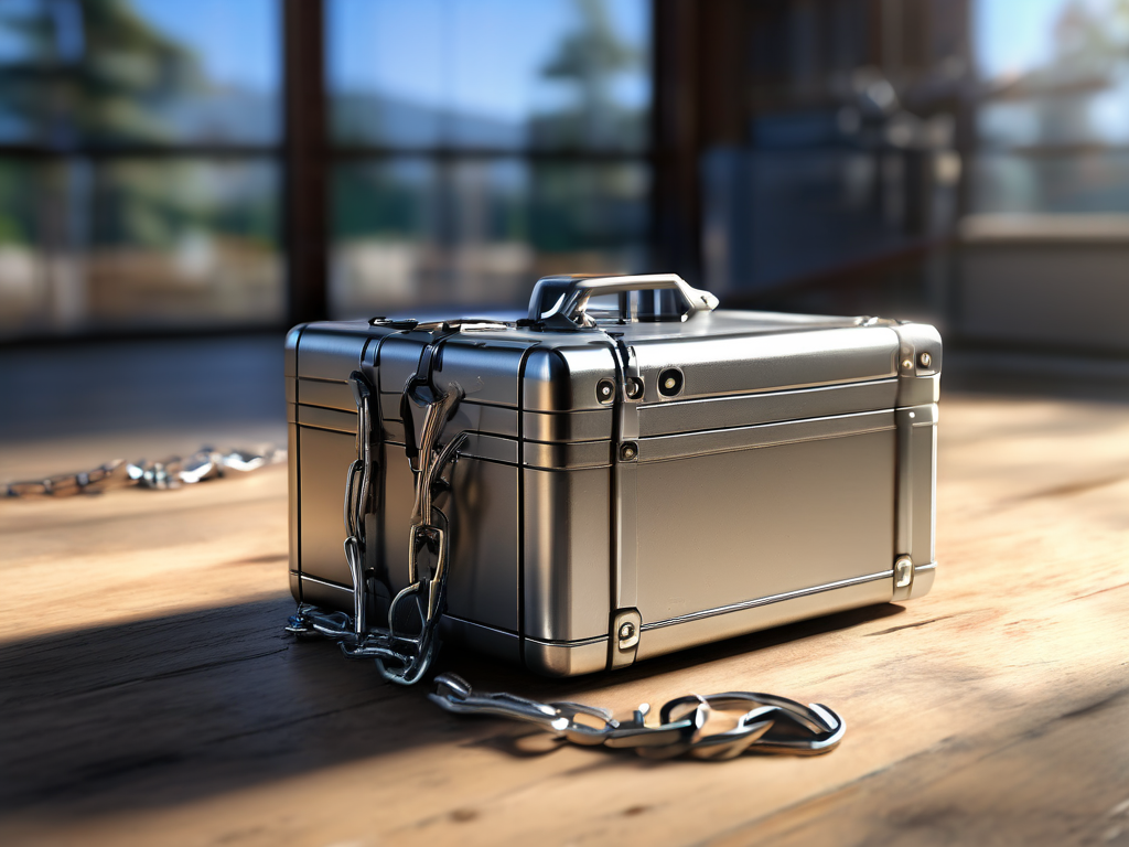 Brushed steel storage case with chain beside small block icons on metal surface, morning light, shallow focus.