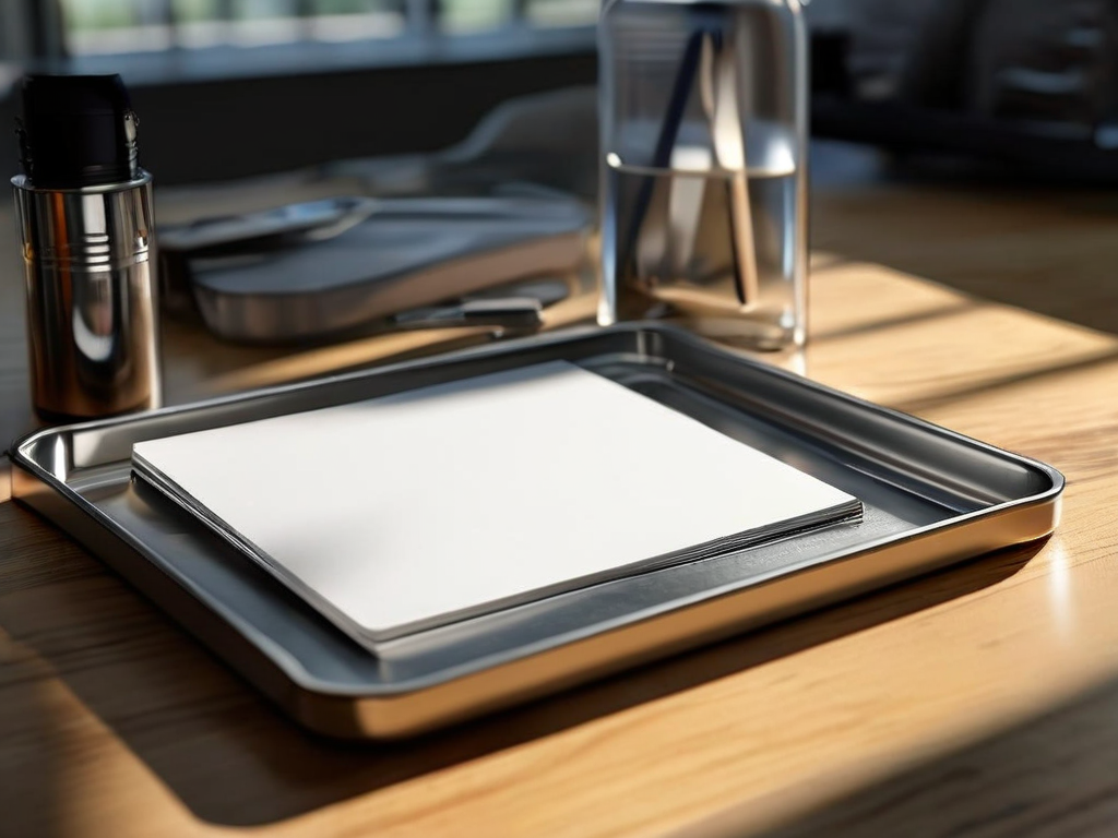 Brushed metal tray holds blank divider cards in morning light, symbolizing organized cookie storage and access management.
