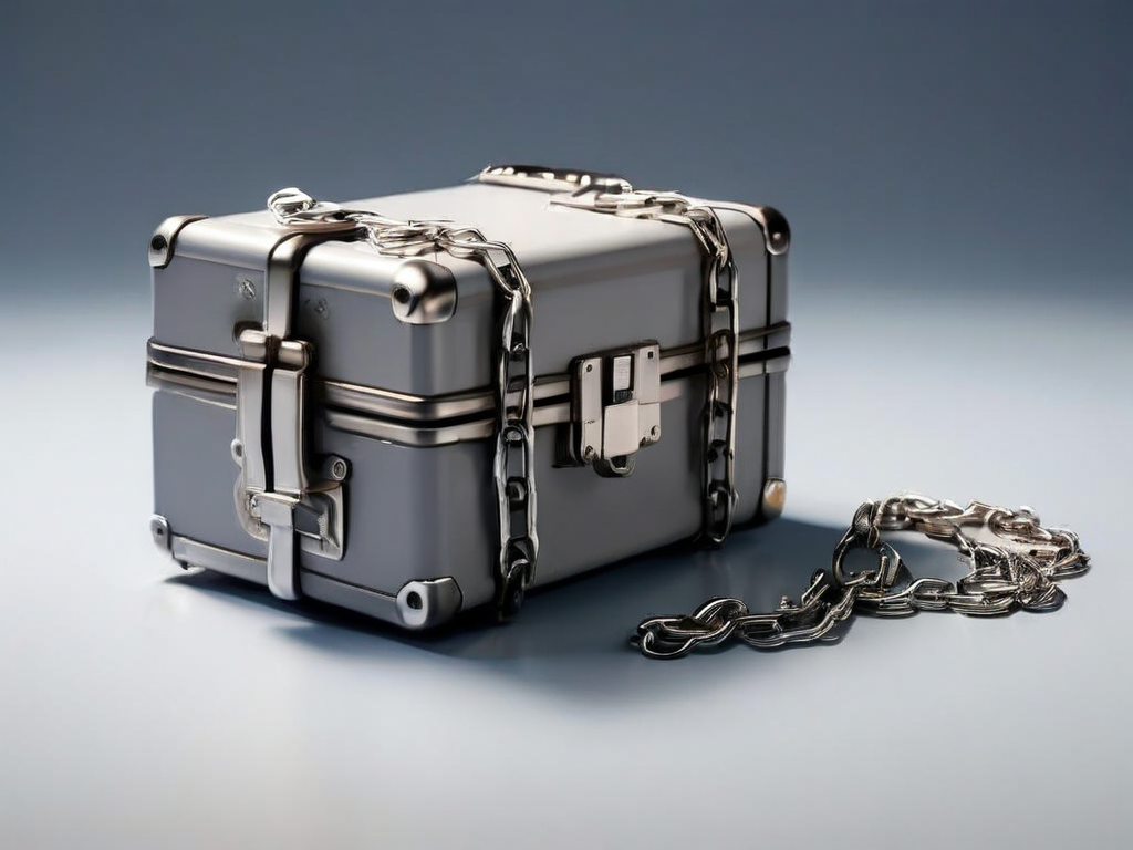 Sealed metal case with short chain and small blocks on gray studio surface, soft side light.